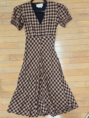 Anthropologie 0P Brand Black and Tan Gingham Midi Dress